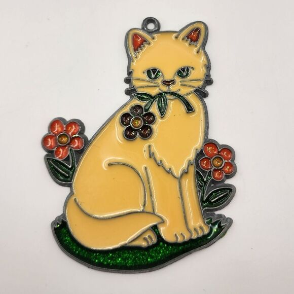 Vintage Suncatcher Cat With Flowers - Picture 1 of 4